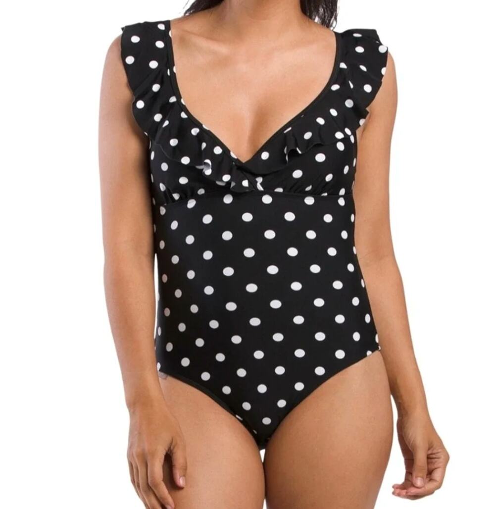 Tahari Polka Dot Ruffle Trim One Piece Swimsuit Black White Size XL